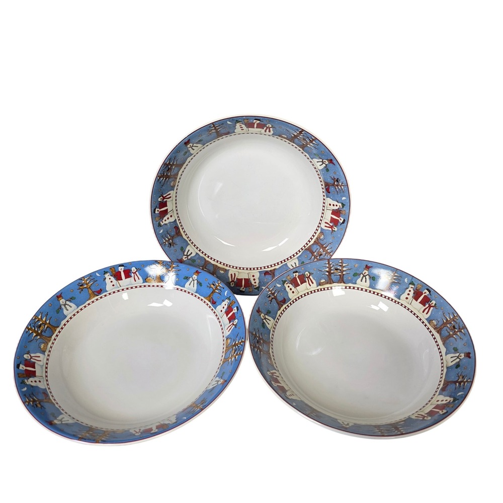 Sakura Debbie Mumm Snowman‎ Rimmed Soup Bowls Set of 3 Seasonal Christmas Dining